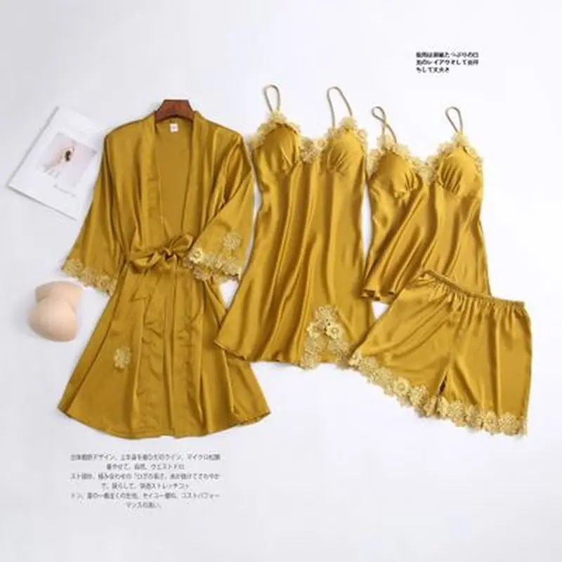 

2020 Satin 4PCS Sexy Pajamas Set Lady Lace Trim Pyjama Silky V-neck Appliques Spaghetti Strap Nightgown&Sleepwear Suit Home Wear