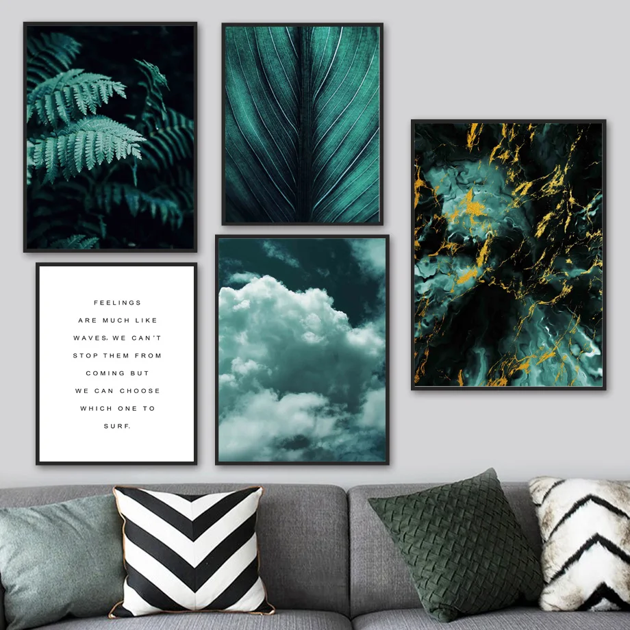 

Green Fern Leaf Color Block Marbling Sky Wall Art Canvas Painting Nordic Posters And Prints Wall Pictures For Living Room Decor