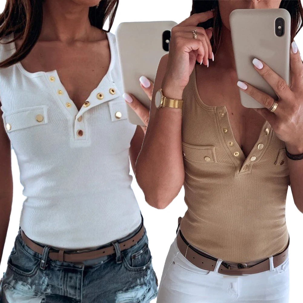 Женская сексуальная однотонная блузка с v образным вырезом без рукавов на