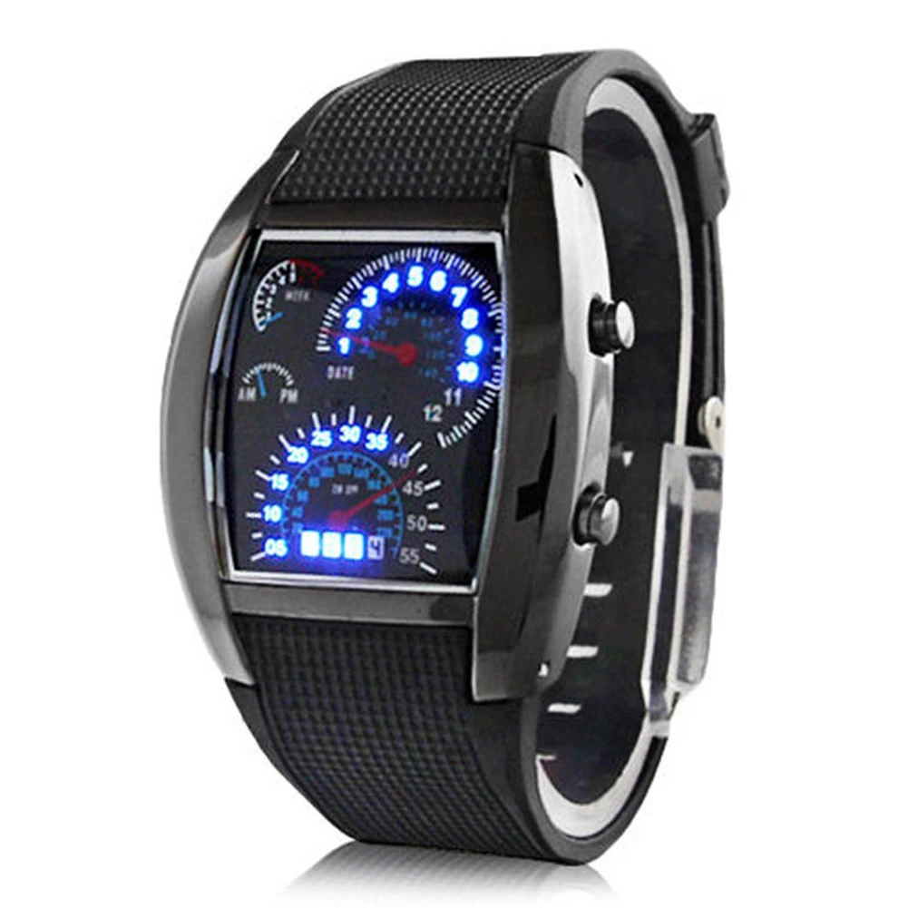 

Men Fashion LED Sport Rubber Band Digital Week Date Dashboard Pattern Dial Watch Stainless Steel Luxury Sport Quartz Wristwatch