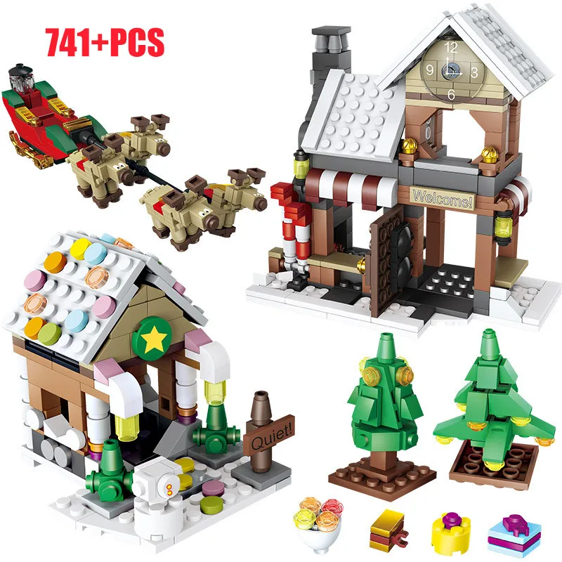 

2021 City Winter Village Grocery Hut Gingerbread House Santa Claus Christmas Tree Model Building Blocks Bricks Kids Toys