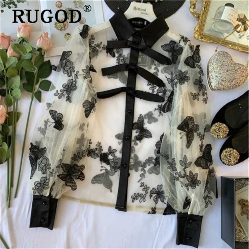 Фото RUGOD винтажная перспективная шифоновая женская блузка элегантная с принтом