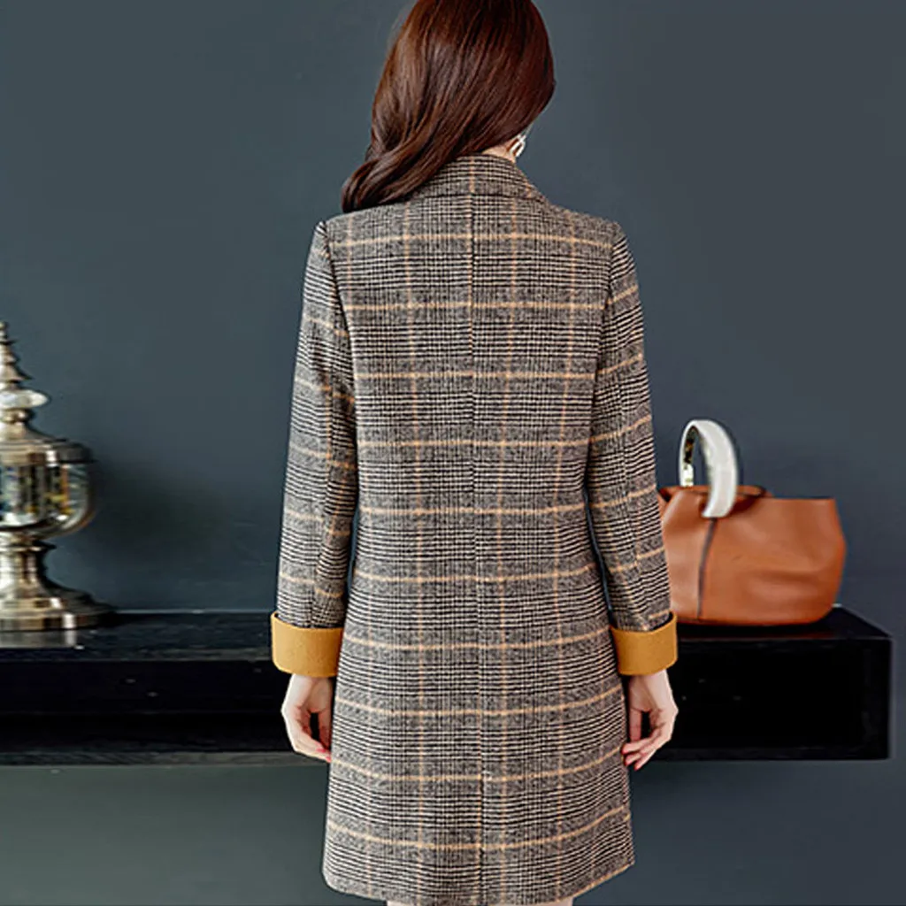 

Women Winter Warm Plaid Wool Blend Coat Fashion Long Collar Slim Jacket Check Pattern mid-length Elegant female coat Outwear #40
