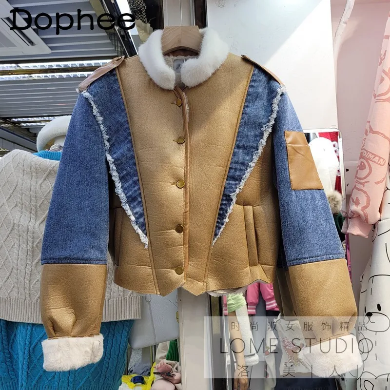 

2021 Winter New Pu Leather Fur Coat Women Crop Stitching Denim Fashion Young Thick Furry Leather Jacket Female Outerwear Clothes
