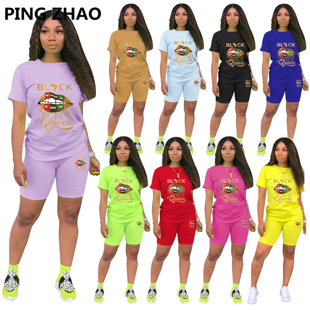 

PING ZHAO Printed Sweatsuit Women's Set Casual Short Sleeve T-shirts and Biker Short Activewear Two Piece Outfit