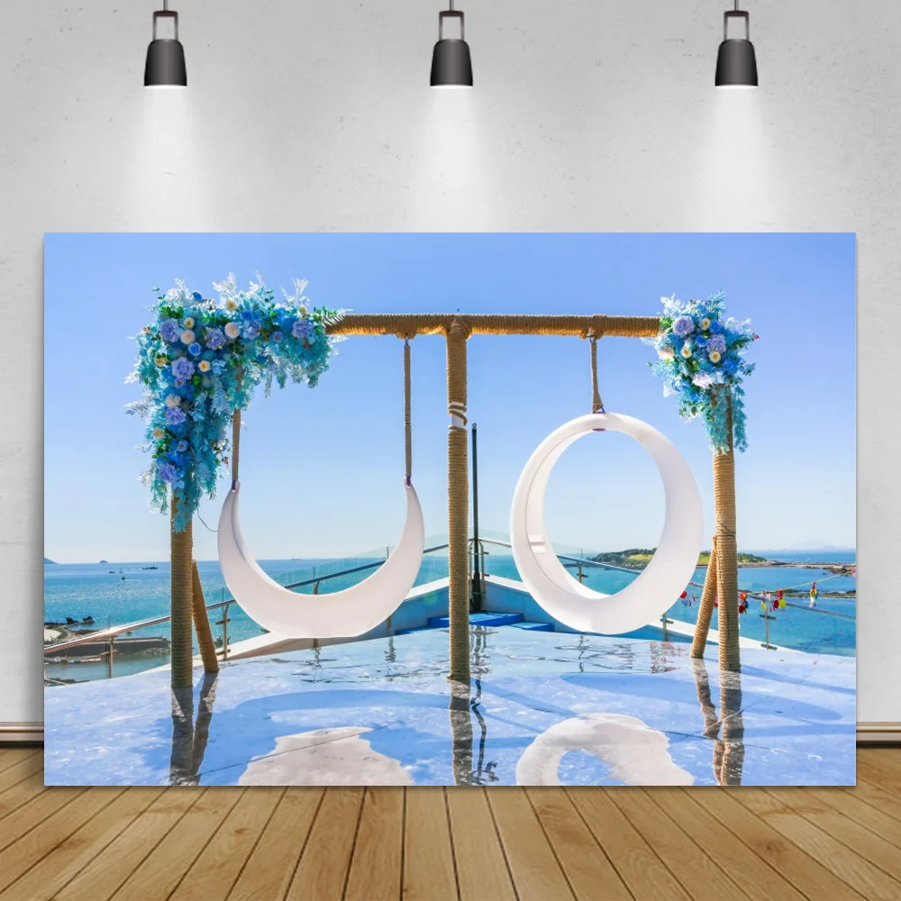 

Laeacco Wedding Blue Sky Ocean Backdrop For Photographic Flower Beautiful View Outdoor Scenic Photocall Background Photo Studio