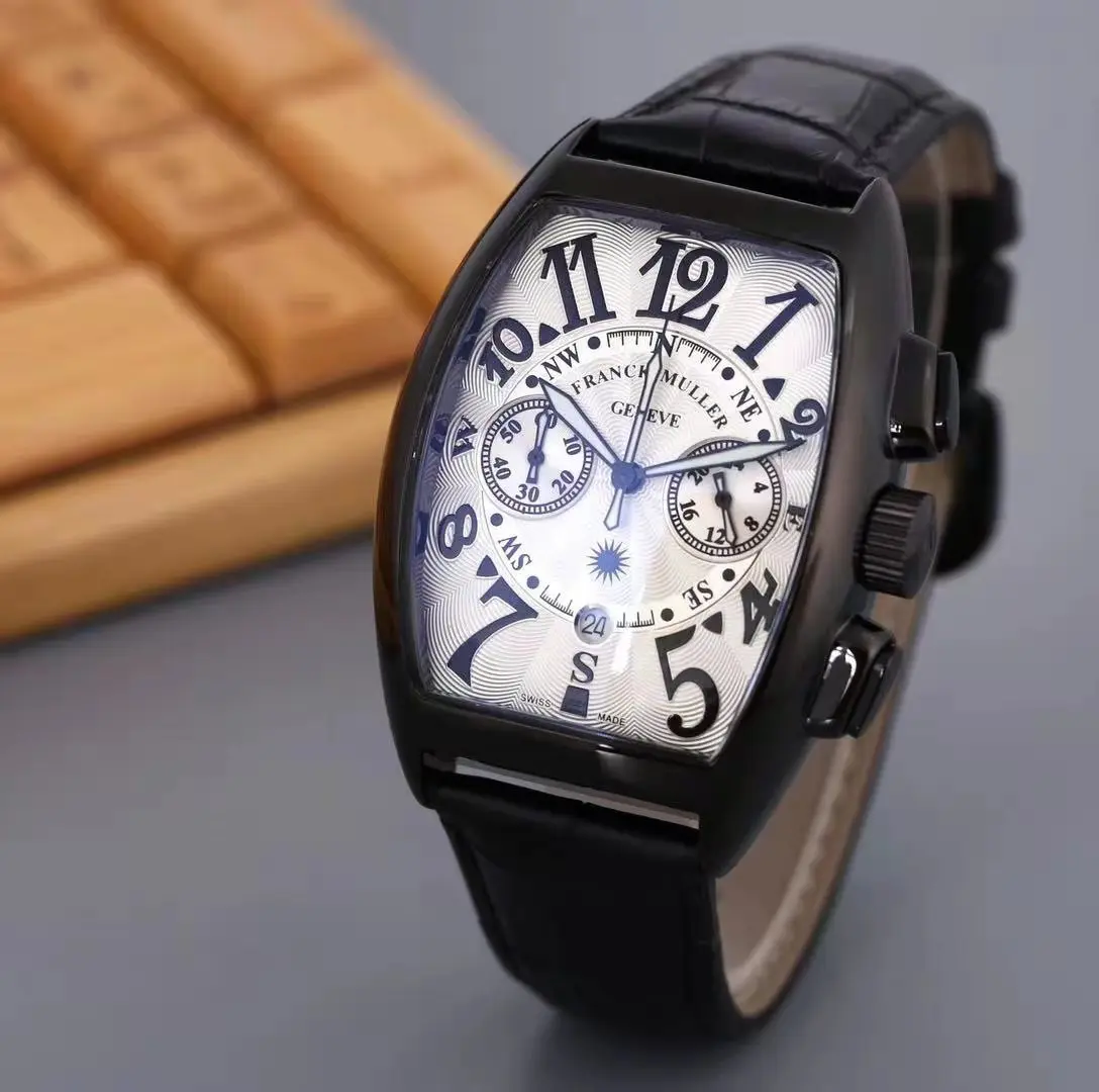 

Men's Watches Bucket Shape F Muller Quartz Wristwatch Week Display Leather Top Fashion Brand Luxury Business Watch for Men