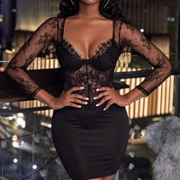 lace see through long sleeve mini bodycon dress bag buttocks sexy v neck evening party short dresses new fashion 2021 summer