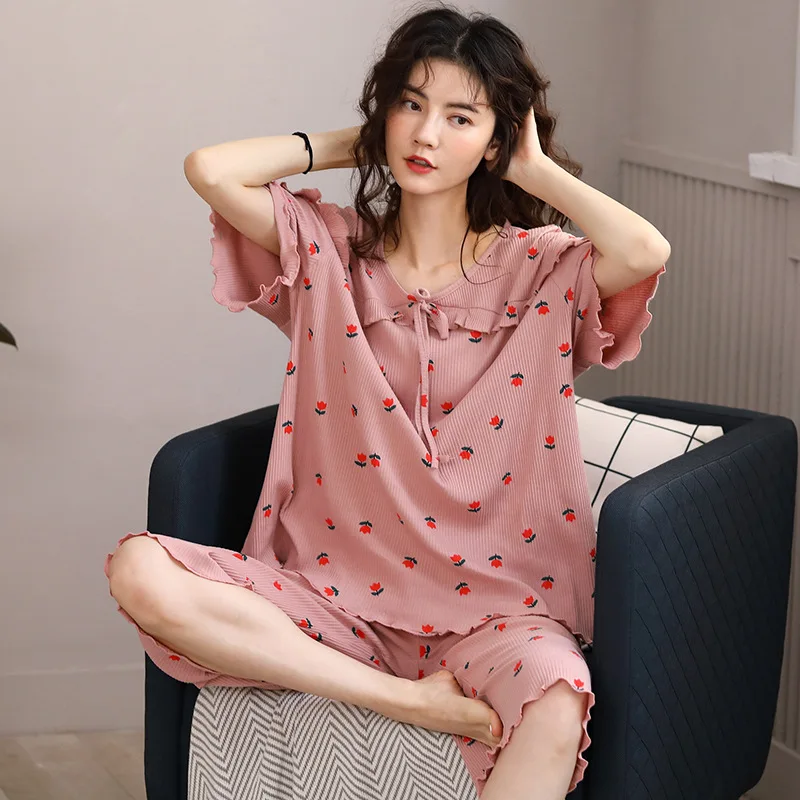 

Japanese Small Fresh Women Home Clothes Cute Rose Print Pajamas Round Neck Ruffled Short Sleeves Summer Sleepwear Students Trend