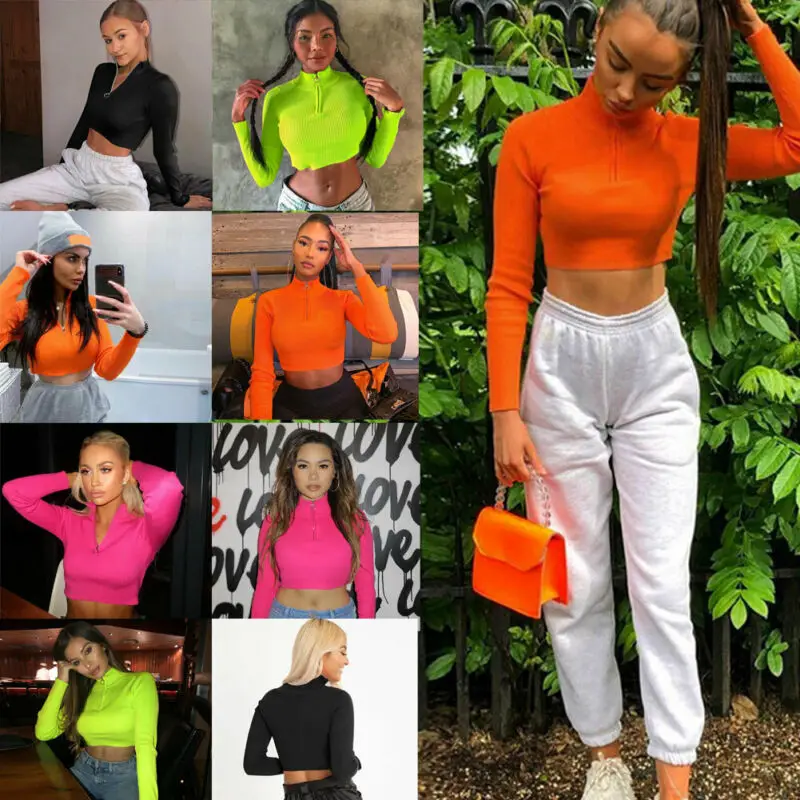 Футболка женская укороченная с длинным рукавом модный неоновый зеленый топ