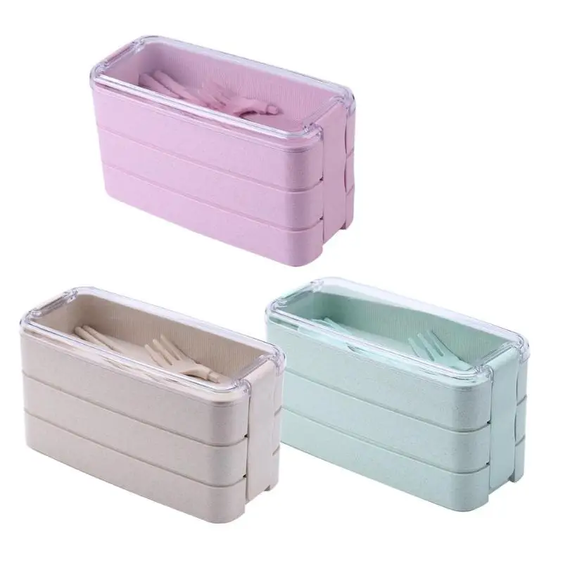 900 мл Ланч бокс 3 слоя пшеничной соломы Bento коробки микроволновая посуда