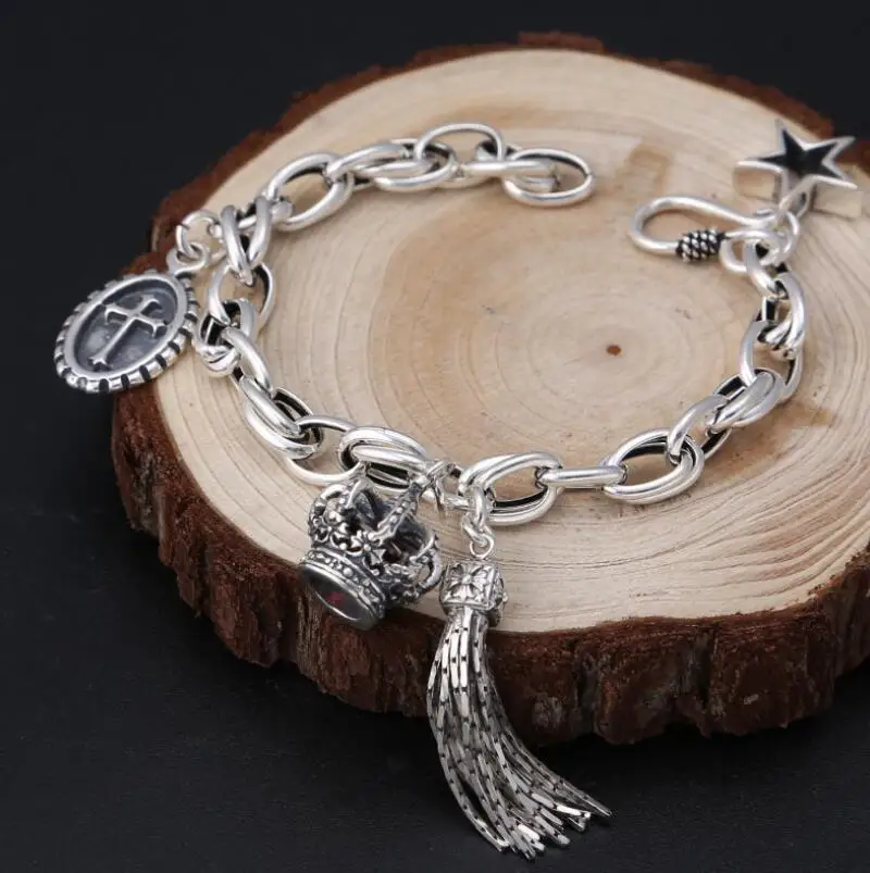 Женский браслет из серебра 925 пробы с короной кисточкой крестом звездой приливом