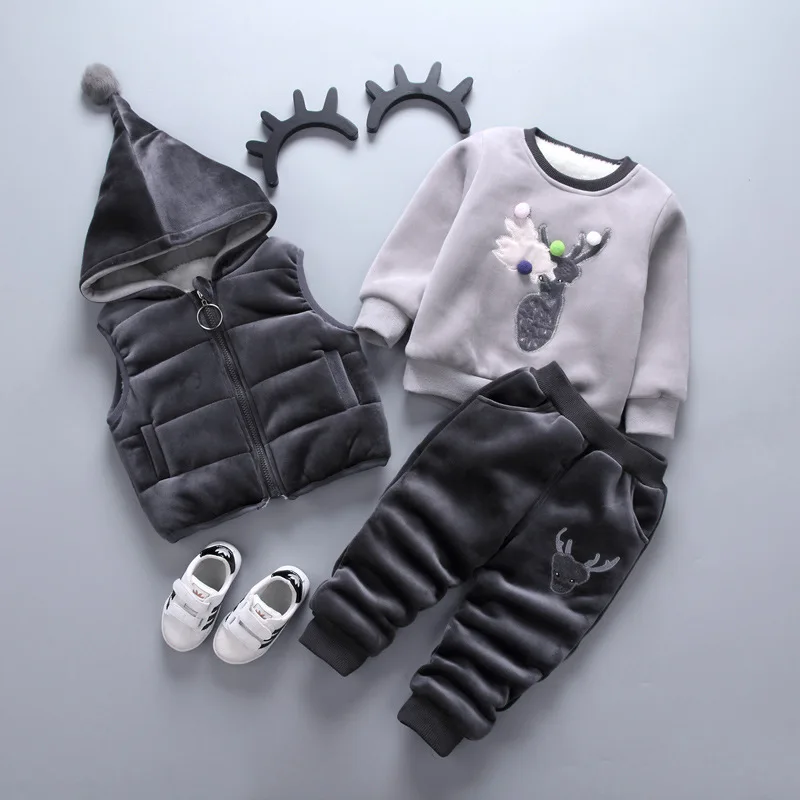 

baby clothes baby boy set autumn winter plus thick cotton deer cute hooded vest 3-piece suit baby boy baby girl casual warm suit