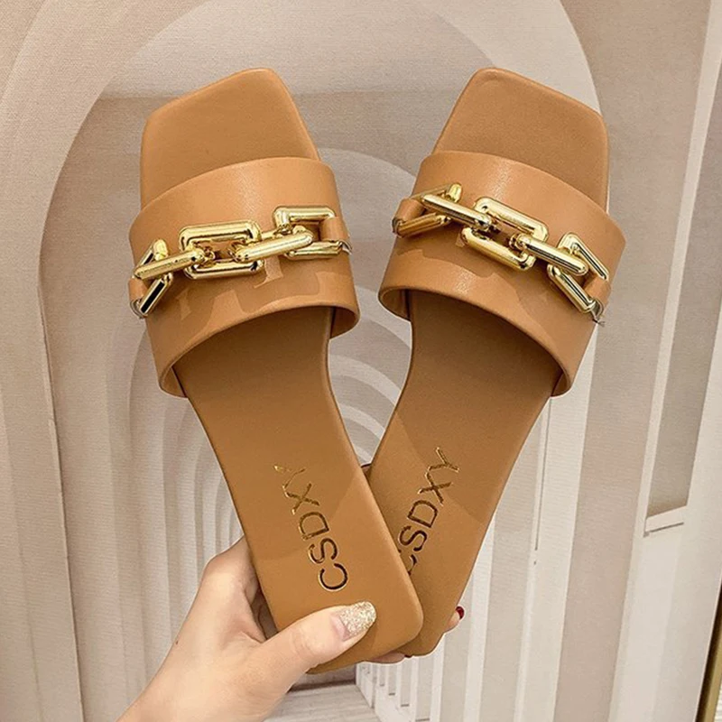 

Female Big Size Slippers 2022 New Flats Flip Flops Metal Chain Shoes For Women Rubber Casual Slides Ladies Summer Slippers