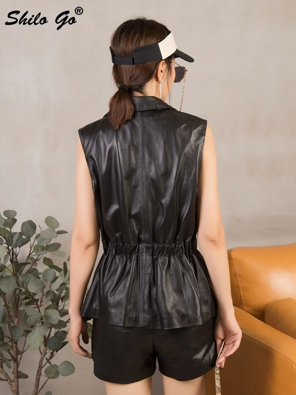 Женский Элегантный жилет из натуральной кожи Осенний черный офисный без рукавов