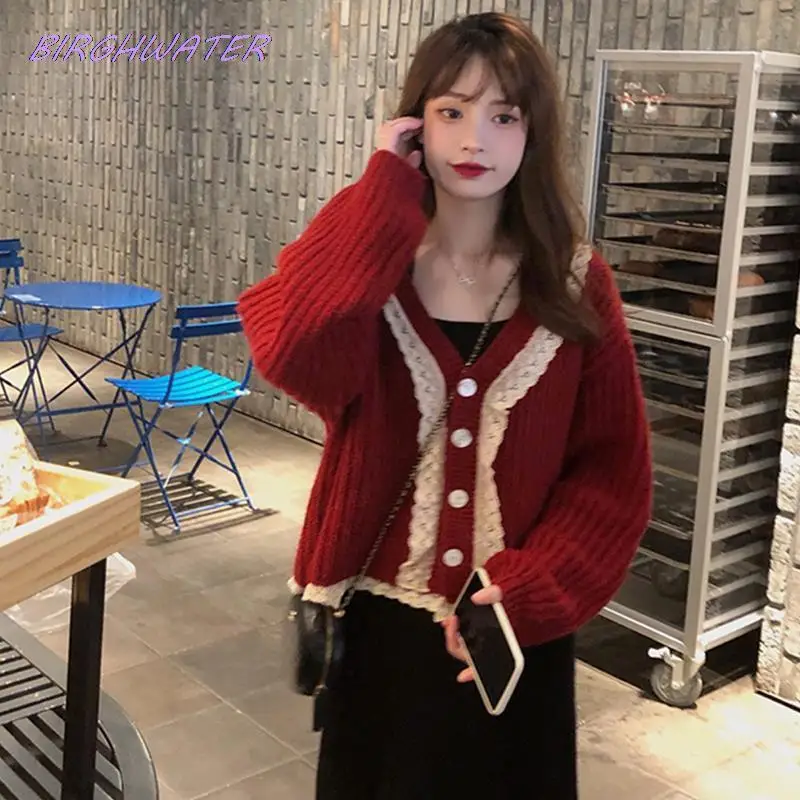 

Women's Autumn Sweater Spring Knitted Lace Stitching V-Neck Female Cardigan Long Sleeve Thick Loose Sweaters Lazy Style Tops
