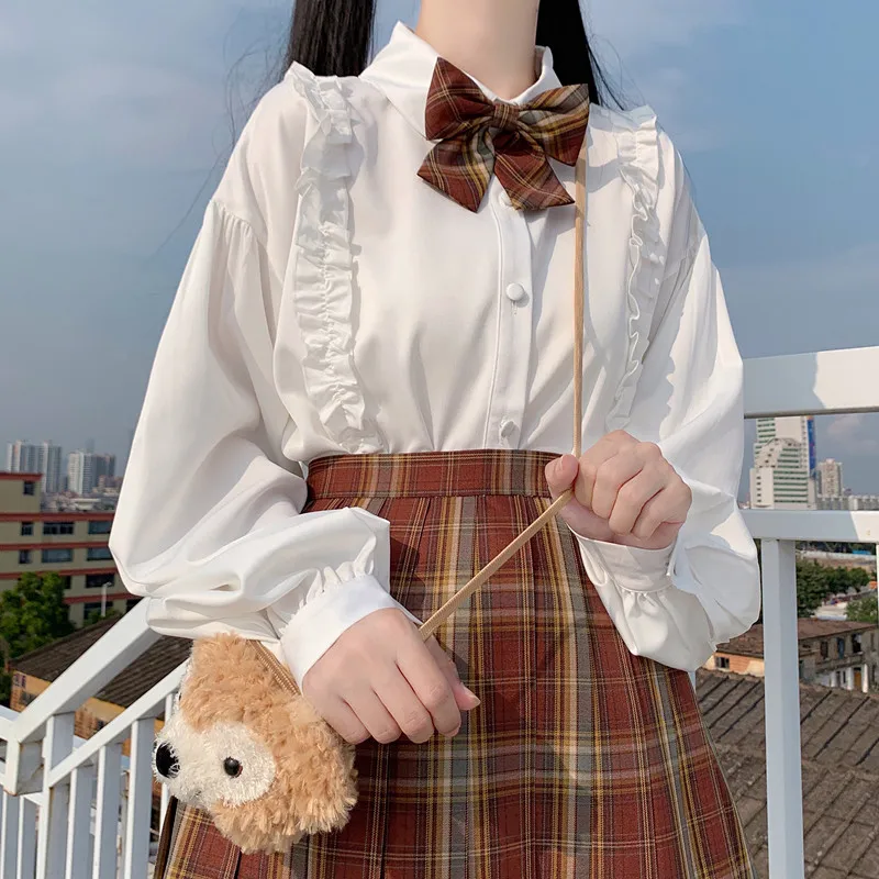 

Japanese Autumn Lolita JK Girl White Blouse Sweet Lapel Waveselvedge Lantern Sleeve Shirt Women Loose All-match Tops Student