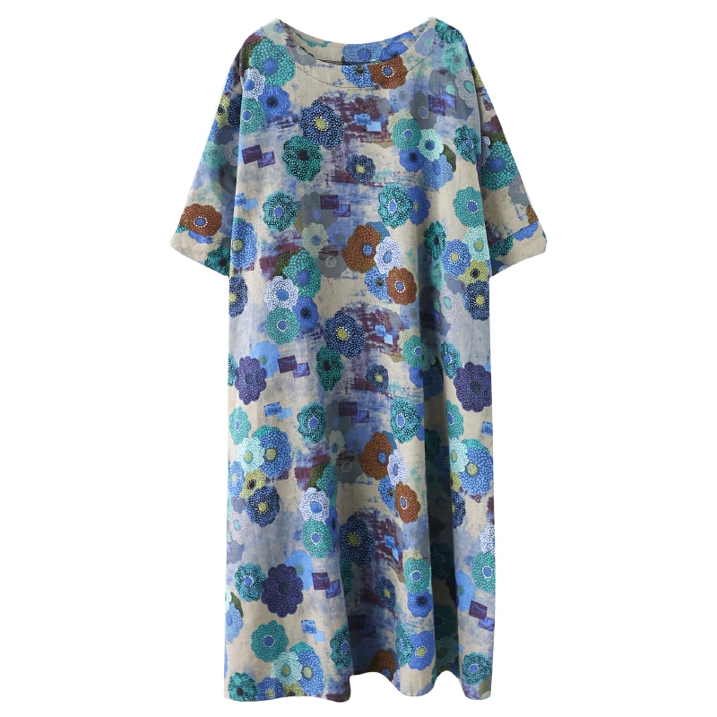 

BIG SIZE Summer Women Fashion Elegant Flower Print Tops Ladies Female Plus Large Long Casual Loose Cotton Linen Robe Tunic Dress