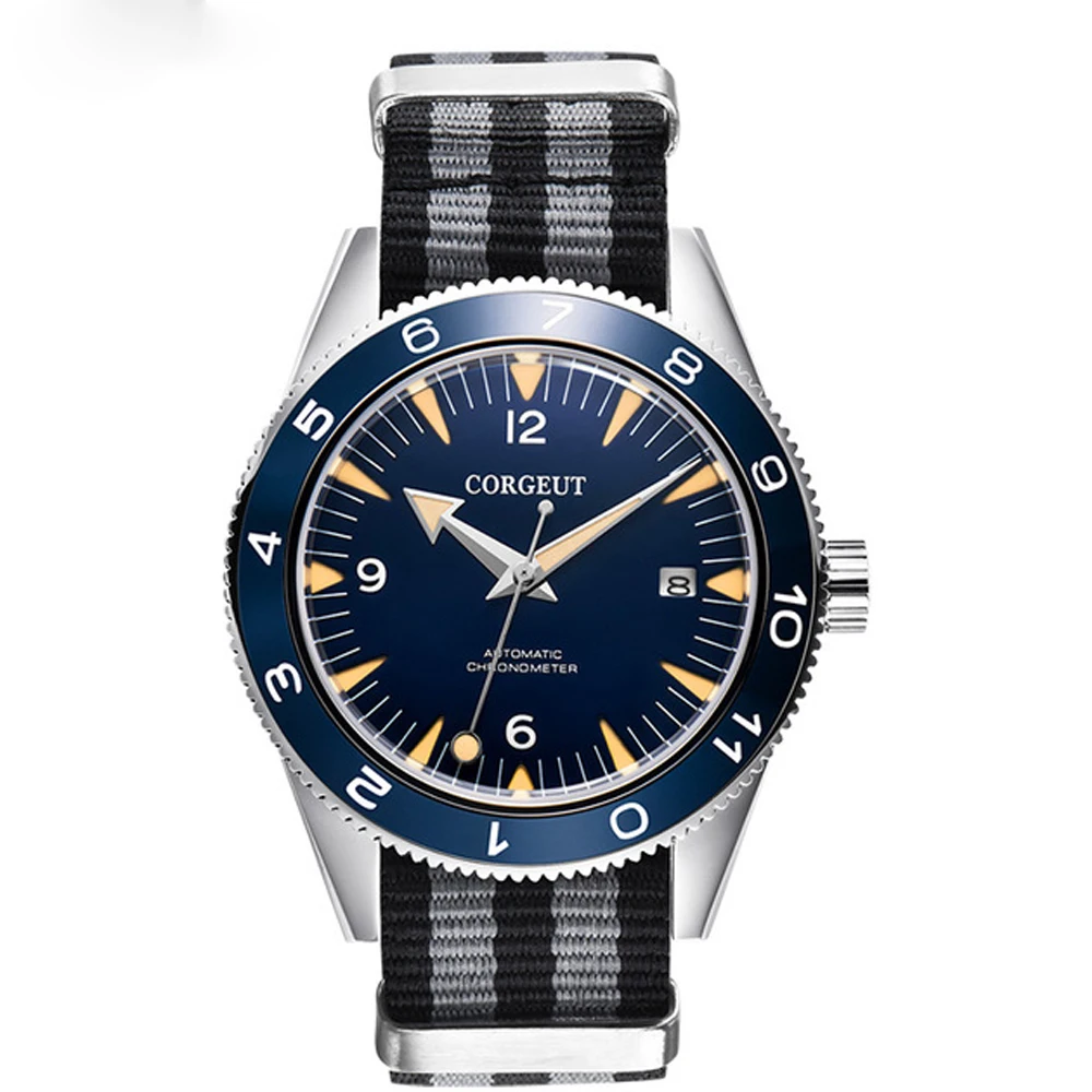 

Мужские механические водонепроницаемые часы с синим циферблатом, календарем и сапфировым стеклом