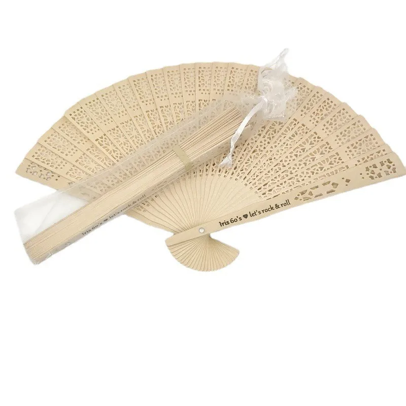 48/50PCS Customizable Sandalwood Hand Foldable Fan in Organza Bag Personalization Wedding Favors Natural Wood Fans FREE SHIPPING