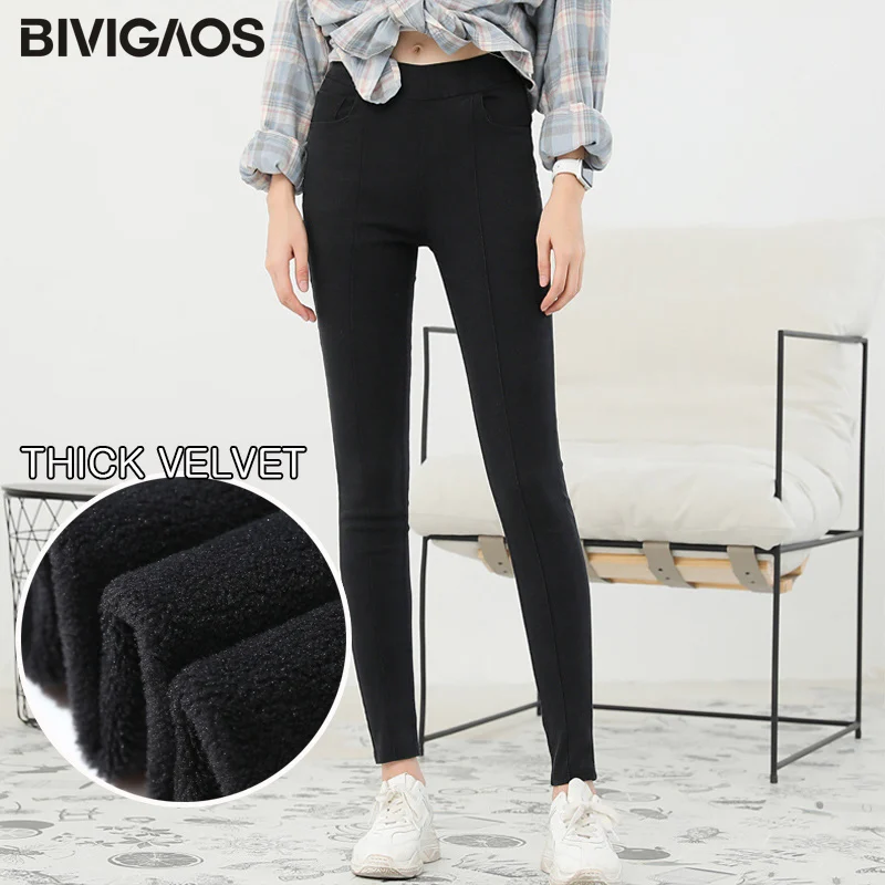 Velvet Thick-Black BIVIGAOS Новинка года Мода и досуг облегающие джинсы леггинсы средней длины с песком Осень-зима женские большие размеры эластичные бархатные штаны-карандаш джеггинсы - Цвет: Velvet Thick-Black