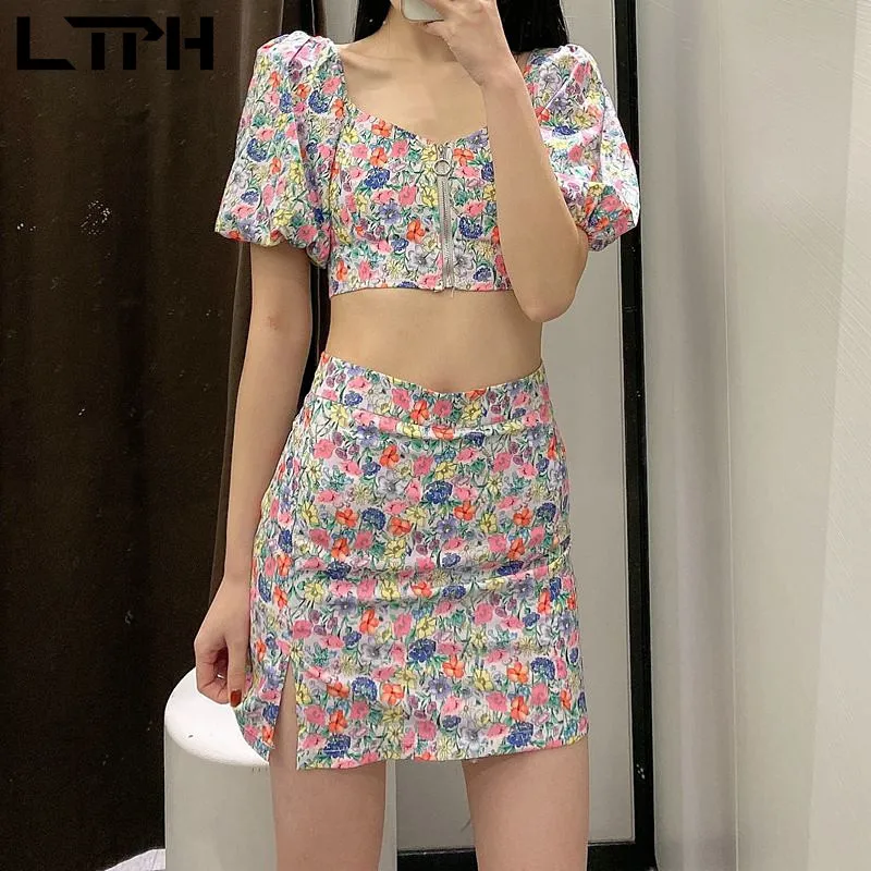 

LTPH resort Casual set 2 pieces Outfits floral zipper lantern sleeves Slim short tops high waist slit Skirt Sets 2021 summer new