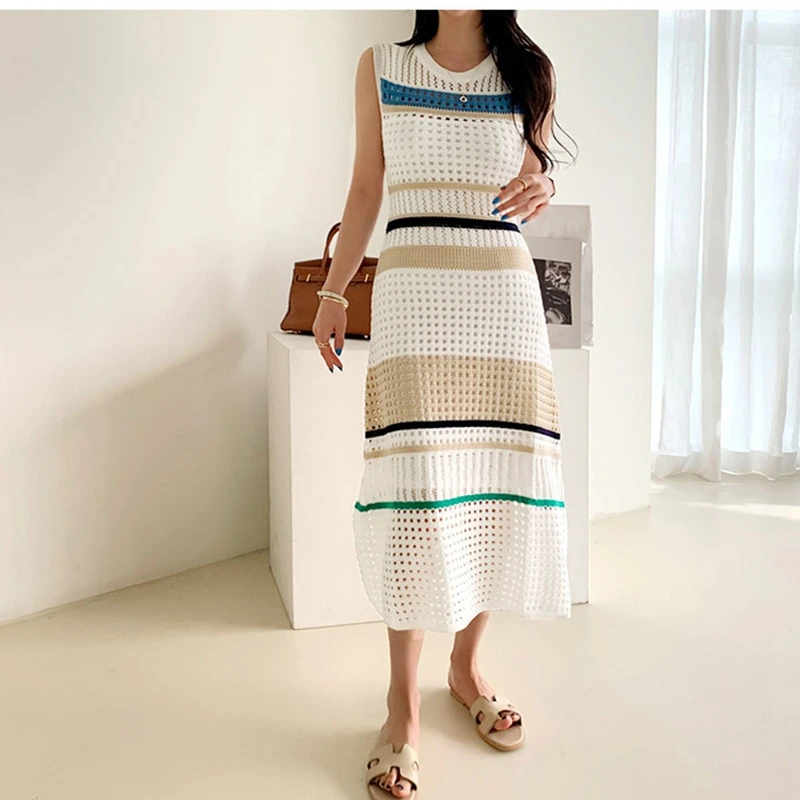 

New Summer Kintting Dress Women Sweet Elegant O-Neck Tank Dress Vintage High Waist A-line Hit Color Dress with knit vest