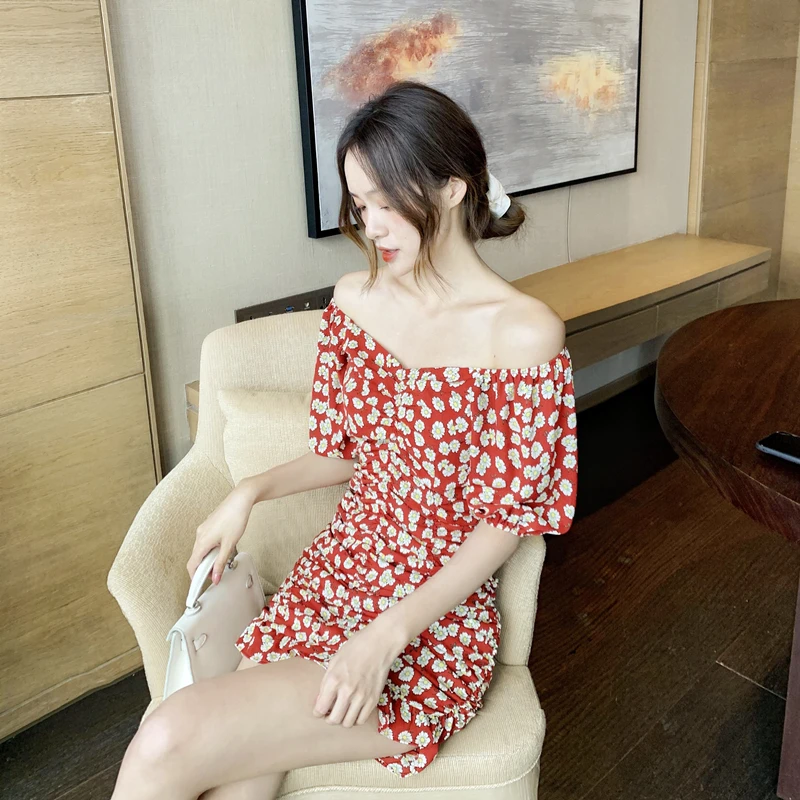 

Make han edition chiffon floral fold dress word collar waist hubble-bubble sleeve small short skirt