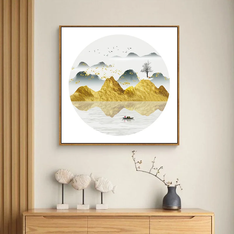 

Abstract Ink Scenery Yellow Golden Mountain Lake Tree Boat Fisherman Deer Canvas Painting Wall Picture Poster Living Room Decor
