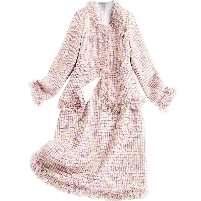 

Tweed Two Peice Set Pink for Women Office Lady Tassel Jackets+tank Dress Autumn Winter Womens Clothing Skirt and Top Suit