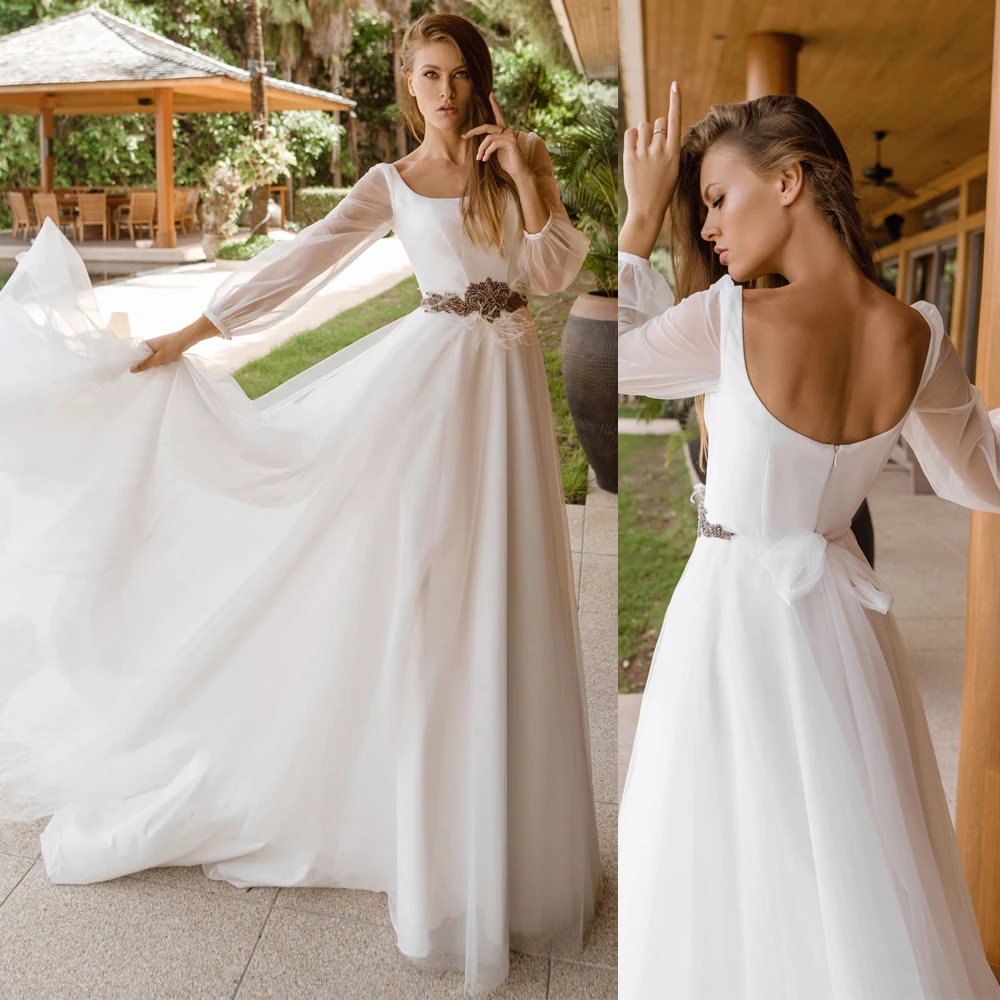 

Vestidos Sexy Wedding Dresses Chiffon Pleat Sashes Square Collar Full Sleeve Zipper A-Line Bridal Gowns Novia Do