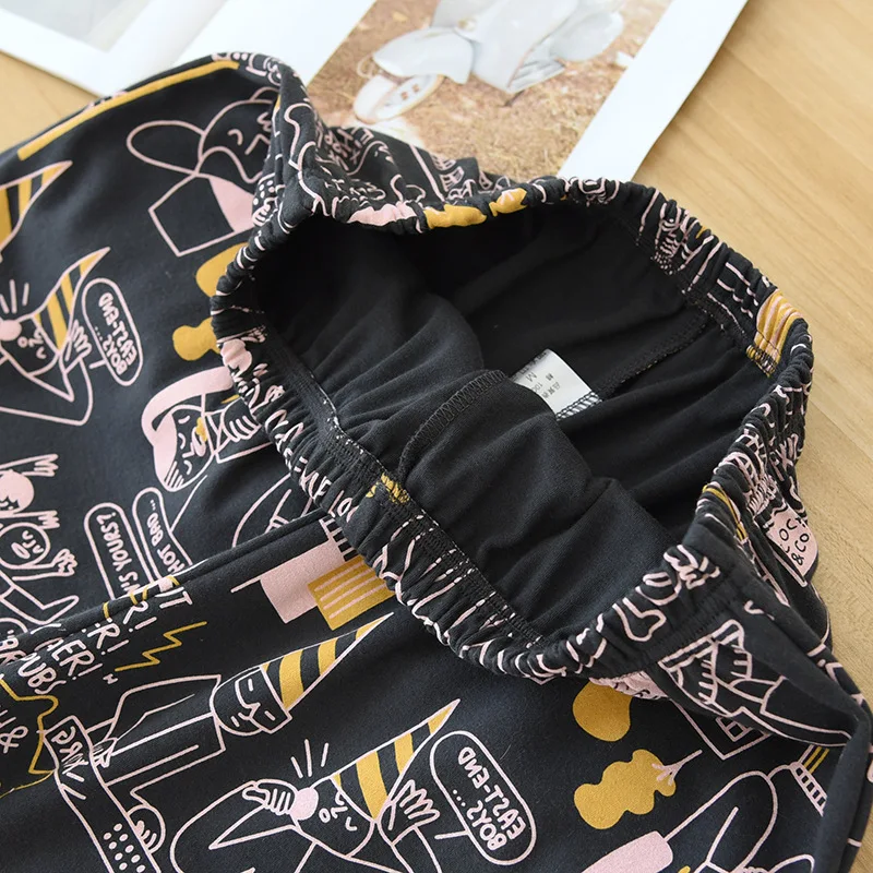 

2021 new couple spring and autumn pajamas suit 100% cotton men's cartoon comics knitted lapel home service plus size women sleep