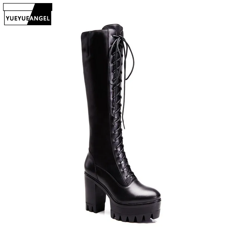 Goedkoop Lace-Up Platform Dij Vrouwen Echt Koeienhuid Dikke Hoge Hak Stretch Lange Laarzen Winter Korte Pluche Zwarte Laarsjes