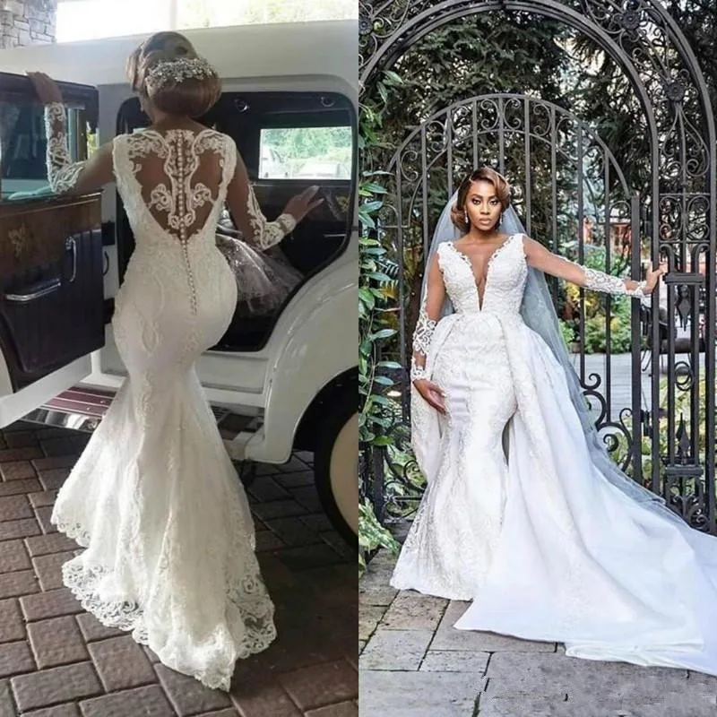 

African Plus Size Mermaid Wedding Dresses with Detachable Train 2020 Luxury Lace Applique Beaded Long Sleeve Wedding Gowns