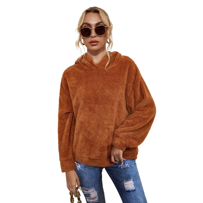 

Kayotuas Women Hoodies Brown Solid Color Loose Hooded Collar Casual Sweatshirt Pullover Tops with Pocket Clothes