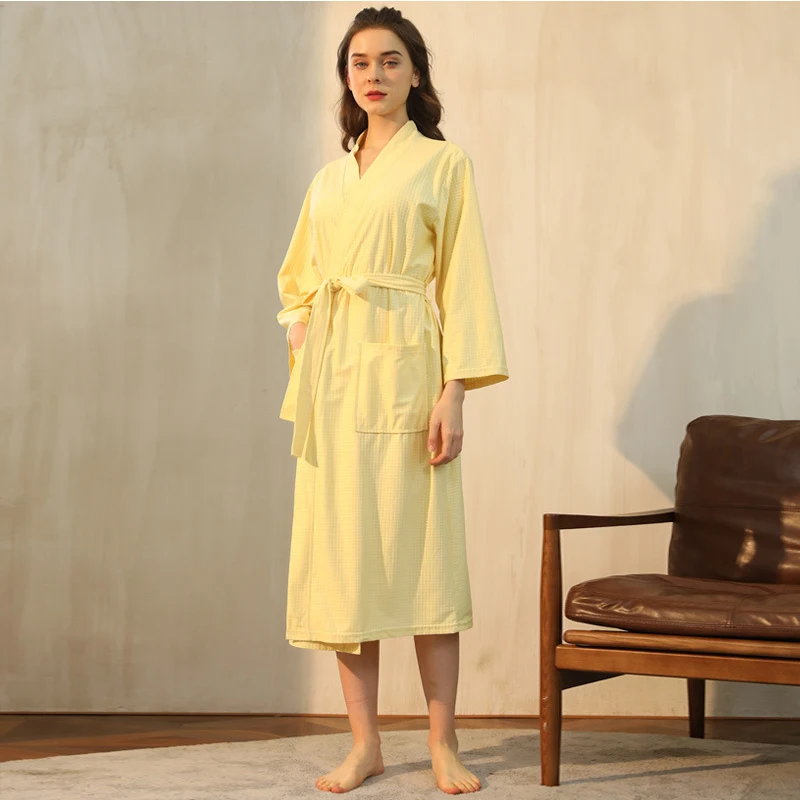 

Robes Women Spring Summer Three Quarter Sleeve Pockets Kimono Ladies Casual Homewear Solid Waffle Knee Length Bathrobe Couple