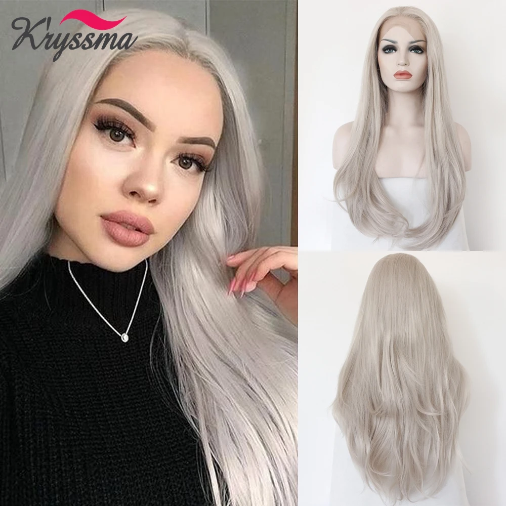 Grey Lace Front Wigs Long Straight Hair Wigs Ash Platinum Color Heat Resistant Fiber Hair Glueless Synthetic Lace Wigs for Women