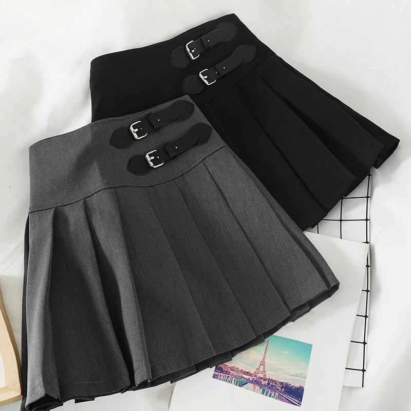

Harajuku Korean Solid A-Line Women Skirt Casual Above Knee High Waist Kawaii Skirts Vogue Button Cute Sweet Pleated Skirts