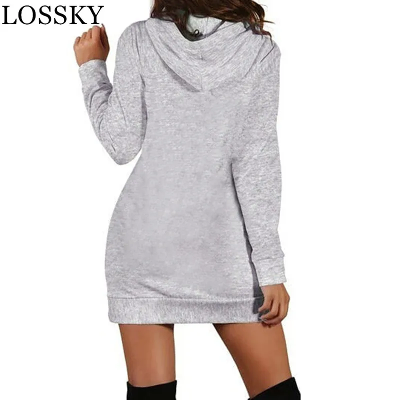 

Women Halloween Long Sleeve Gray Hoodies Dress Skull Print Pocket Drawstring Casual Hoody Sweatshirt Dress Harajuku Hoodie 2019