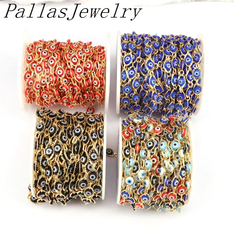 

Высокое качество 5 метров Радуга овальные глаза цепочка с бусами, покрытые золотом медные обернутые круглые эмалевые бусины четки цепи