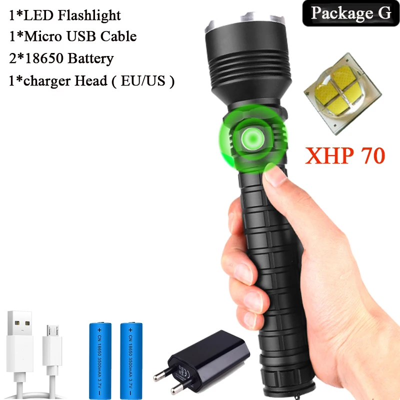 Package G 7000LMs XHP70.2 супер Мощная Вспышка светильник XHP50 USB зум светодиодный фонарь Лампа тактическая охотничья светильник 18650 26650 Отдых на природе - Испускаемый цвет: Package G