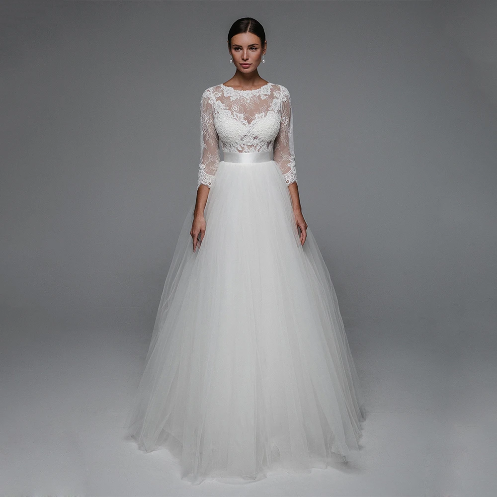 

Sexy See Through Lace Wedding Dress Custom Long Sleeves Scoop Neck Back Buttons A Line Soft Tulle Bridal Dresses