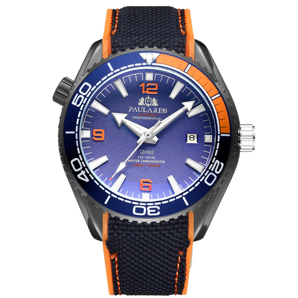Black Orange Blue Мужские автоматические механические холщовые часы с резиновым ремешком James Bond 007, стильные оранжевые, синие, красные классические часы с вращающейся рамкой - Цвет: Black Orange Blue