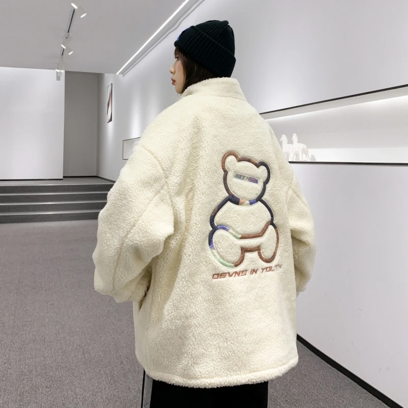 

Korean Embroidery Lamb Wool Jacket Women Street Stand Outdoor Thermal Hiking Outerwear Winter Thick Polar Fleece Female Jacket