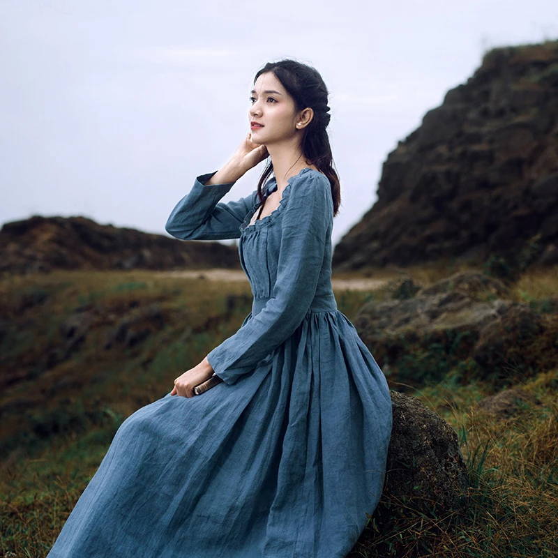 Женское длинное льняное платье Золушки элегантное во французском винтажном