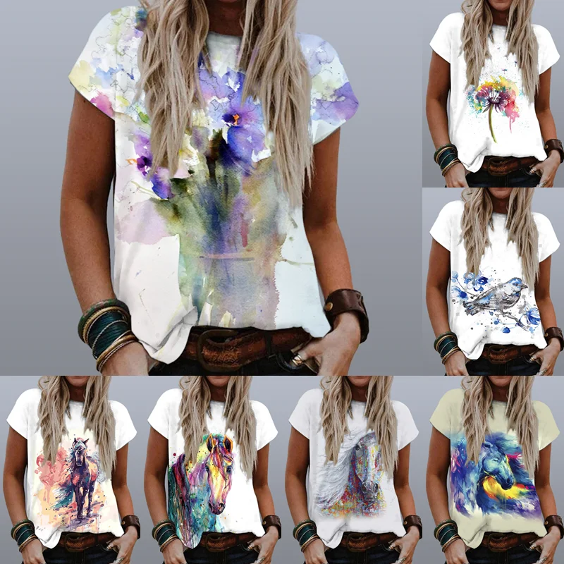 

2021 Summer New Clothing Women Graphic Print Top Mujer Casual Short Sleevev Plus Size Harajuku Watercolor Streetwear T Shirt Tee