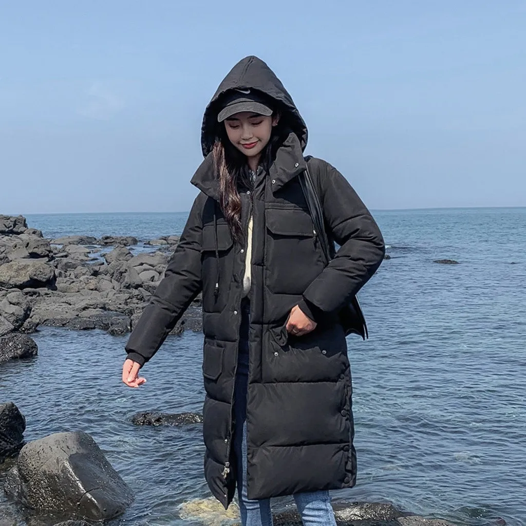 Женский пуховик с длинным рукавом зимний на молнии пальто карманами пуговицах