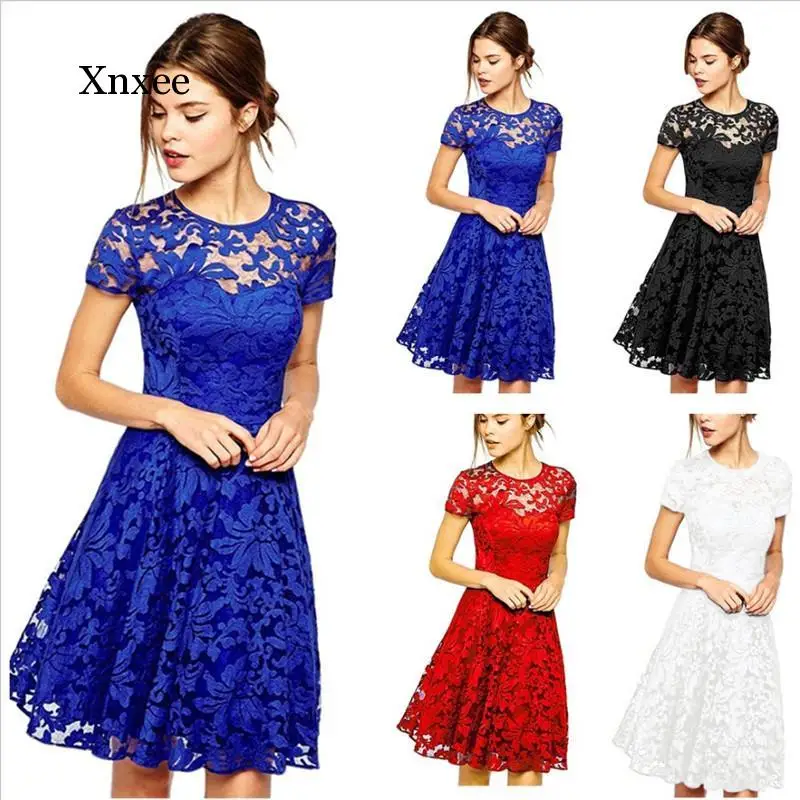 

Plus Size A line lace Hollow Dress Fashion Women short sleeve Elegant Dresses Sexy Party Princess Slim Summer Vestidos clothing