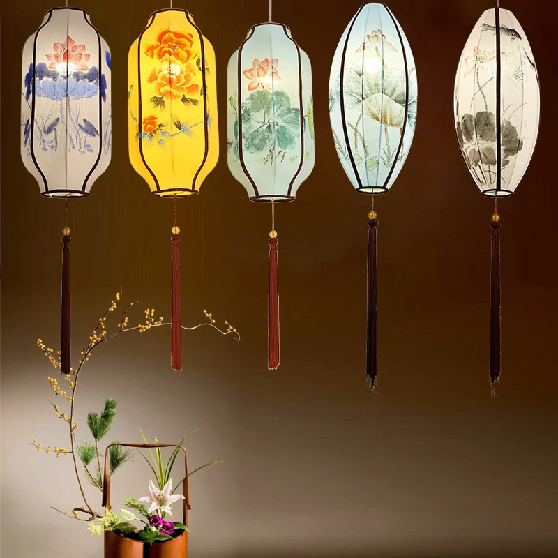 New Chinese long chandelier fabric hand painted lantern Classical palace lamp restaurant tea hall corridor lotus | Дом и сад