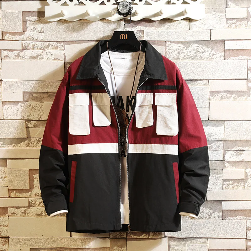 

2021 New Men Jacket Spring Autumn Fashion Pockets Patchwork Loose Coats Male Baseball Bomber Jacket Mens Coat